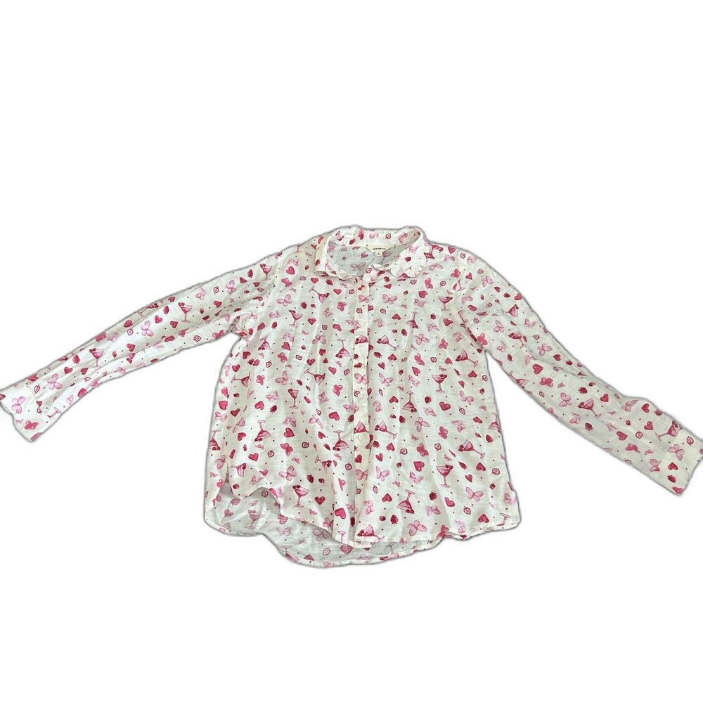 Lucky Brand pink heart, martini, butterfly button-down long sleeve blouse L
